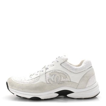 CHANEL Painted Iridescent Cotton Tweed Suede Womens CC Sneakers 41 White Silver Multicolor