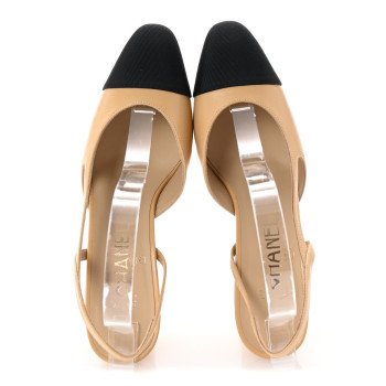 CHANEL Lambskin Grosgrain Cap Toe CC Slingback Pumps 37.5 Beige Black