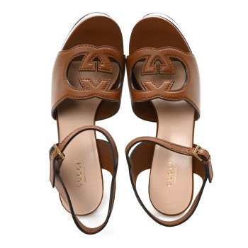 GUCCI Cosmos Softy Calfskin Wooden Interlocking G Cut-Out 30/120mm Platform Sandals 40.5 Cuir