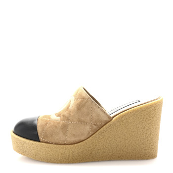 CHANEL Suede Lambskin Quilted CC Mules 39 Black Beige