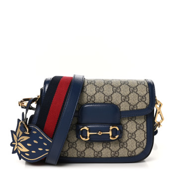 GUCCI GG Supreme Monogram Textured Dollar Calfskin Web Mini Horsebit 1955 Shoulder Bag Beige Blue