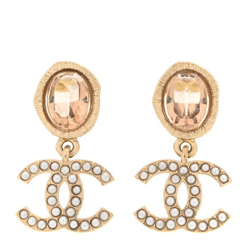CHANEL Crystal Pearl CC Drop Earrings Gold Pink