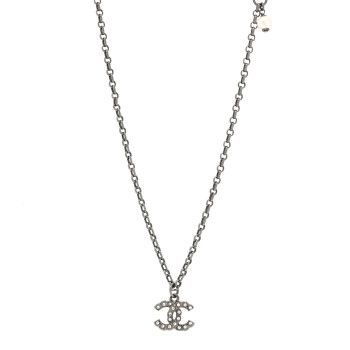 CHANEL Crystal CC Pendant Necklace Silver