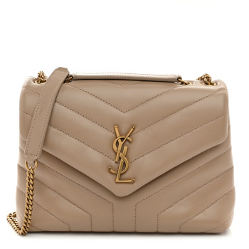 SAINT LAURENT Calfskin Y Quilted Monogram Small Loulou Chain Satchel Dark Beige