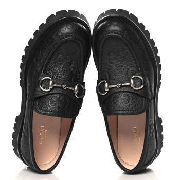GUCCI Piuma Calfskin Embossed Womens Platform Lug Sole Loafers 37.5 Black