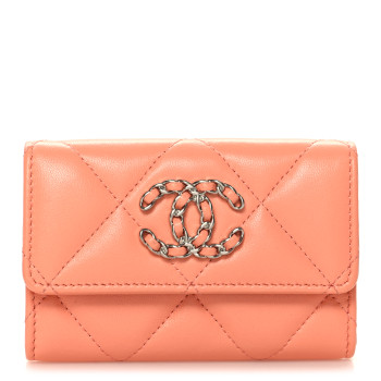 CHANEL Lambskin Quilted Chanel 19 Flap Card Holder Light Orange