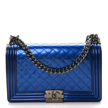 CHANEL Metallic Patent Quilted New Medium Boy Flap Blue