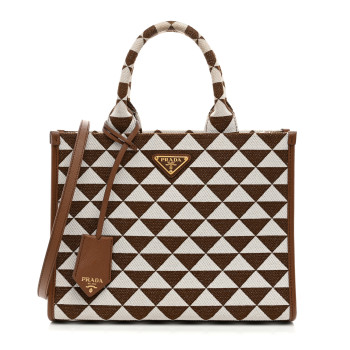 PRADA Jacquard Saffiano Triangolo Symbole Embroidered Small Tote Tobacco Talco