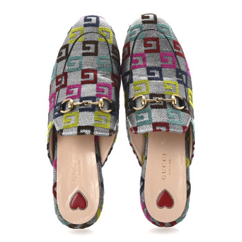 GUCCI Velvet Lurex Square G Womens Princetown Slippers 37.5 Silver Multicolor