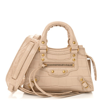 BALENCIAGA Shiny Supple Calfskin Crocodile Embossed Neo Classic Gold Hardware Nano City Crossbody Light Beige