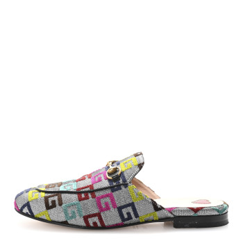 GUCCI Velvet Lurex Square G Womens Princetown Slippers 37.5 Silver Multicolor