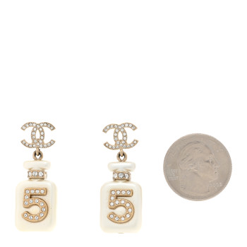 CHANEL Pearl Resin Crystal CC No 5 Perfume Bottle Drop Earrings Gold Pearly White