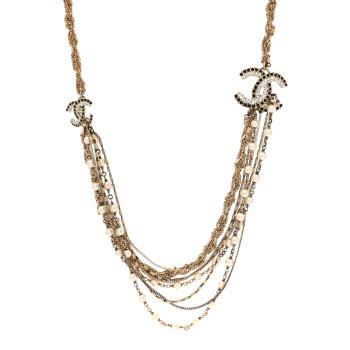 CHANEL Pearl Crystal CC Braided Multi Strand Necklace Gold Black