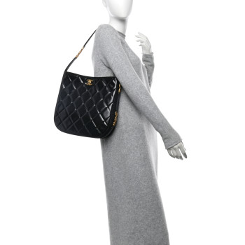 CHANEL Shiny Calfskin Suede Goatskin Quilted Hobo Black