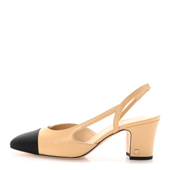 CHANEL Lambskin Grosgrain Cap Toe CC Slingback Pumps 37.5 Beige Black