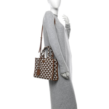 PRADA Jacquard Saffiano Triangolo Symbole Embroidered Small Tote Tobacco Talco