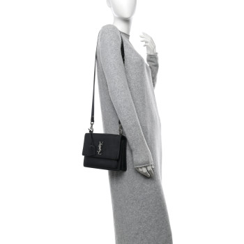 SAINT LAURENT Grained Calfskin Medium Monogram Sunset Satchel Black