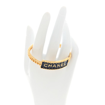 CHANEL Metal Enamel Denim Logo Cuff Bracelet S Gold Blue
