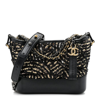 CHANEL Sequin Calfskin Small Gabrielle Hobo Black Gold