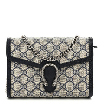 GUCCI GG Supreme Monogram Textured Dollar Calfskin Mini Dionysus Chain Wallet Beige Blue