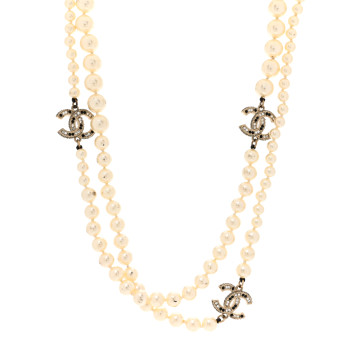 CHANEL Graduated Pearl Crystal CC Long Necklace Black Gold