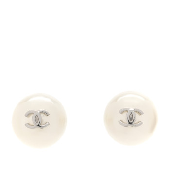 CHANEL Pearl CC Stud Earrings Silver