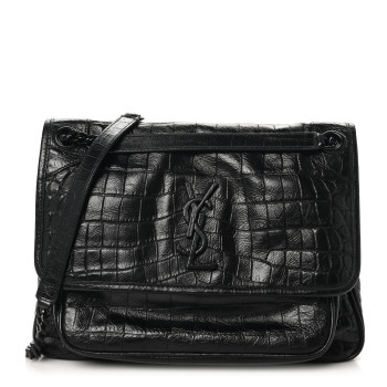 SAINT LAURENT Crocodile Embossed Lambskin Monogram Medium Niki Chain Satchel Black