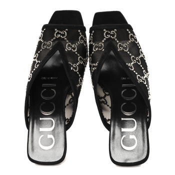 GUCCI Tela Retino Kid Scamosciato Crystal GG Monogram Square G 95mm Slide Sandals 35  Black