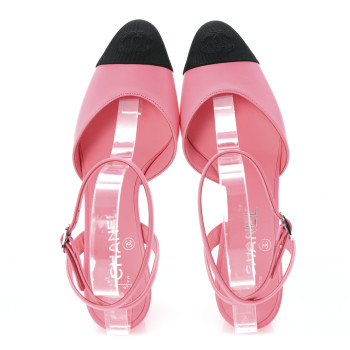 CHANEL Lambskin Grosgrain Cap Toe CC Slingback Pumps 37.5 Pink Black