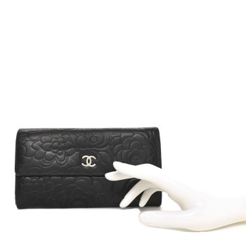 CHANEL Lambskin Camellia Embossed Large Gusset Flap Wallet Black