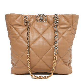 CHANEL Lambskin Quilted Chanel 19 Shopping Bag Beige