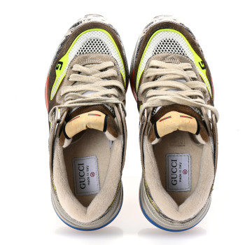GUCCI Suede Calfskin Tejus Printed Womens Ultrapace Sneakers 35 Natural Ardesia Neon Yellow