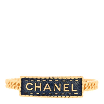 CHANEL Metal Enamel Denim Logo Cuff Bracelet S Gold Blue