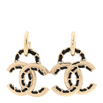 CHANEL Lambskin Chain CC Drop Earrings Black Gold