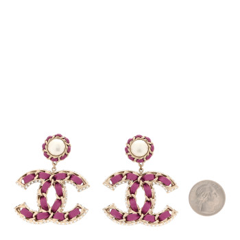 CHANEL Pearl Lambskin Crystal Chain CC Drop Earrings Pink