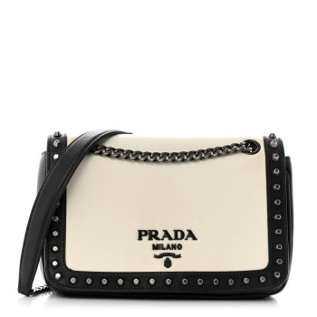 PRADA Glace Calfskin Studded Crossbody White Black