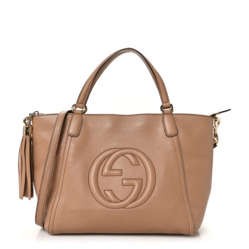 GUCCI Pebbled Calfskin Small Soho Top Handle Bag Camelia