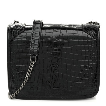 SAINT LAURENT Crocodile Embossed Lambskin Matelasse Monogram Niki Chain Wallet Black
