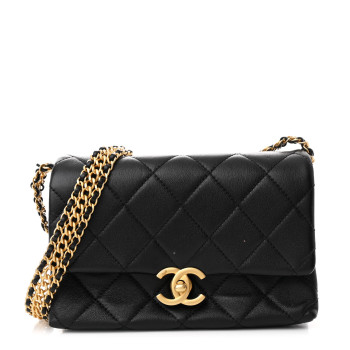 CHANEL Calfskin Quilted Mini Chain Strap Flap Black