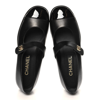 CHANEL Calfskin Patent Mary Janes Flats 36.5 Black