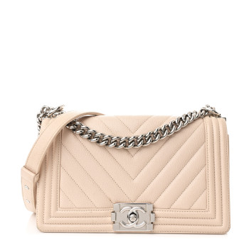 CHANEL Caviar Chevron Quilted Medium Boy Flap Light Beige