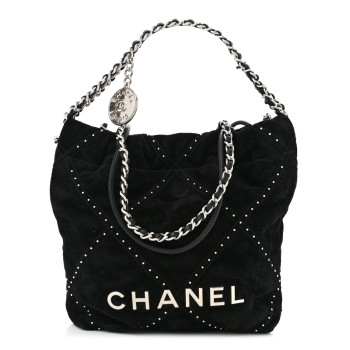 CHANEL Suede Stitched Quilted Studded Mini Chanel 22 Black