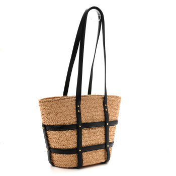 SAINT LAURENT Raffia Calfskin Caged Tote Naturale Black