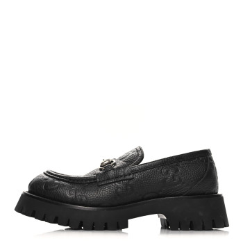 GUCCI Piuma Calfskin Embossed Womens Platform Lug Sole Loafers 37.5 Black
