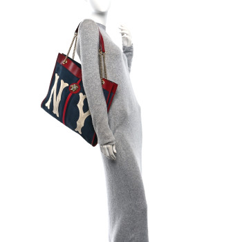 GUCCI X MLB Suede Calfskin NY Yankees Large Rajah Chain Tote New Blue Romantic Cherry