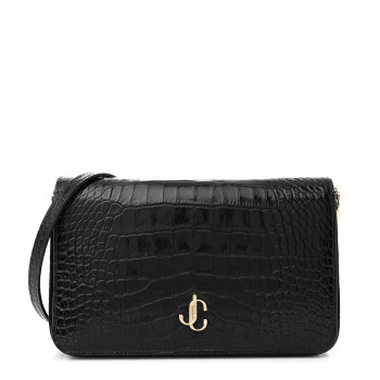 JIMMY CHOO Calfskin Crocodile Embossed Palace Wallet On Chain Black