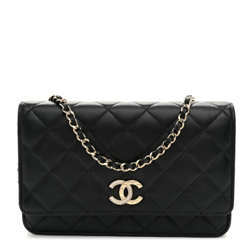 CHANEL Lambskin Quilted Crystal CC Wallet On Chain WOC Black CHANEL Lambskin Quilted Crystal CC Wallet On Chain WOC Black