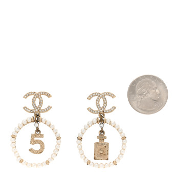CHANEL Crystal Pearl Chanel Charms CC Drop Earrings Gold