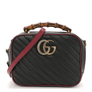 GUCCI Vintage Effect Calfskin Matelasse Diagonal Small Torchon GG Marmont Bamboo Top Handle Shoulder Bag Black Romantic Cherry