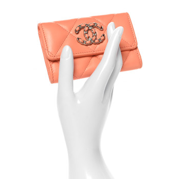 CHANEL Lambskin Quilted Chanel 19 Flap Card Holder Light Orange